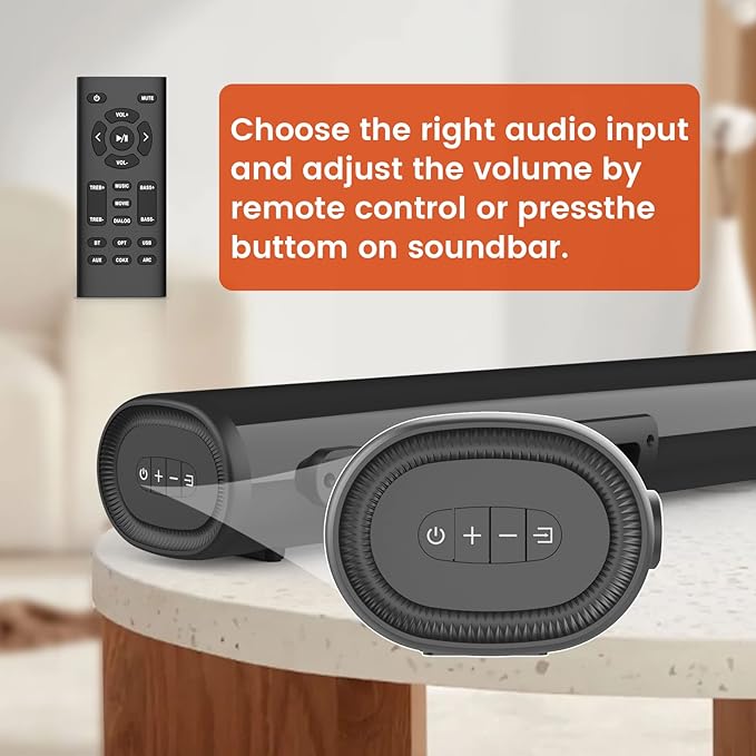 HDMI Sound Bar for Smart TV, Small TV Sound Bar Speakers, Optical/HDMI/Aux/Coax/USB/Bluetooth Connection for TV, PC, Projectors, Includes Remote Control, 16 inch