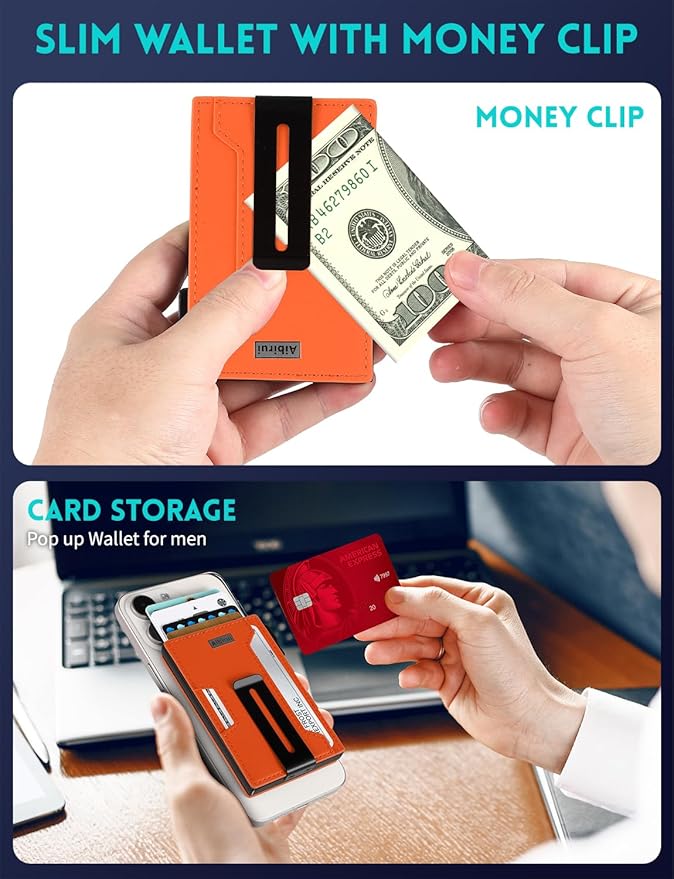 Wallet for men,Magsafe Wallet with Money Clip,Ridge Wallets for Men | Magnetic wallet for iPhone 17/16/15/14/13/12 Series,Card Holder(8 Cards & Bills), Aluminum & Microfiber Leather,Orange