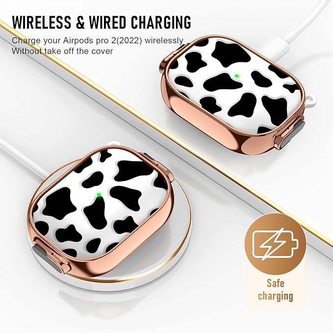 Maxjoy for Cute Airpods Pro 2 case with Safety Lock,Compatible Airpods Pro Case 2nd/1st Gen,Compatible Black Cow AirPods Case Cover for Women Girly with Keychain-Transparent