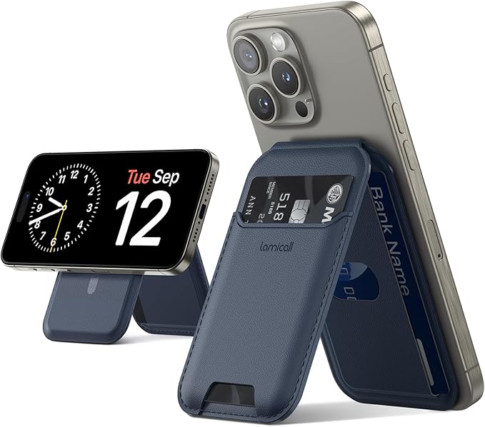 Lamicall Upgraded 2.3oz Light for Magsafe Wallet Stand - Slim Phone 3 Cards Holder, Adjustable Leather Apple iPhone Wallet Stand, Magnetic for iPhone 17/16/15/14 Series, Not for Mini, Dark Blue
