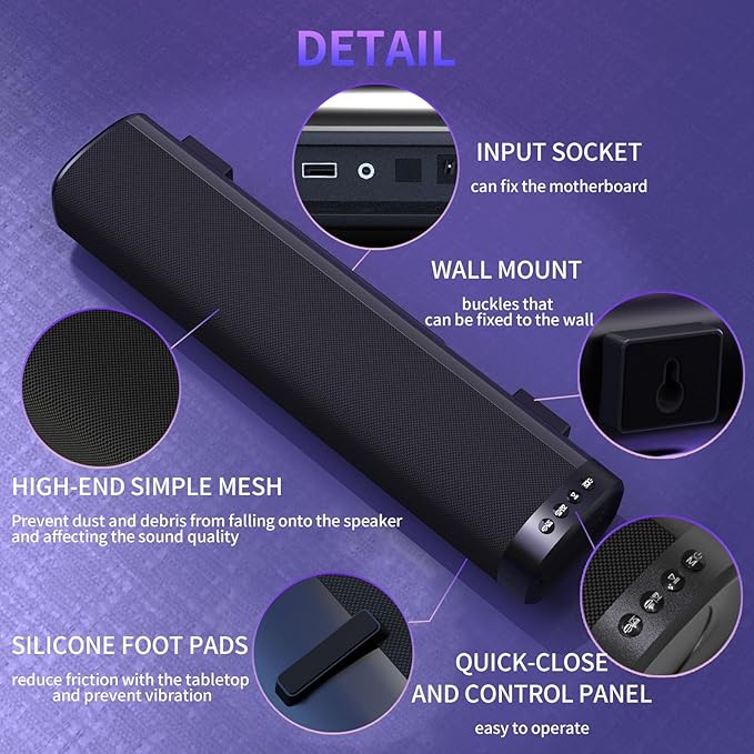 Sound Bar for Smart TV, Sound Bar, Bluetooth Sound bar, with Optical/AUX/HD ARC, Surround Sound Speakers, Surround Sound System for TV/PC/Gaming/Projectors, Wall Mountable PC Soundbar