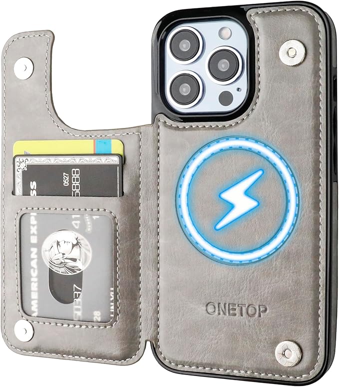 ONETOP Compatible with Magsafe for iPhone 13 Pro Wallet Case with Card Holder, PU Leather Kickstand RFID Blocking Case, Double Magnetic Clasp and Durable Shockproof Cover 6.1 Inch (Grey)