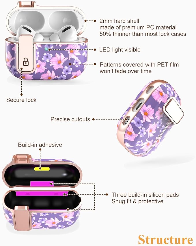 TATOFY for AirPods Pro 2nd Generation Case with Lock Carabiner Cleaner, Slim AirPod Pro 1st & 2nd Hard Case Cover, Compatible with MagSafe (Purple)