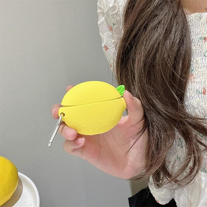 Case Compatible with Airpods 1 & 2, Cute Summer Fresh Lemon Design Keychain Case Cover, Portable Earbuds Accessories Soft Silicone Shockproof Wireless Earphone Protector with Hook Yellow