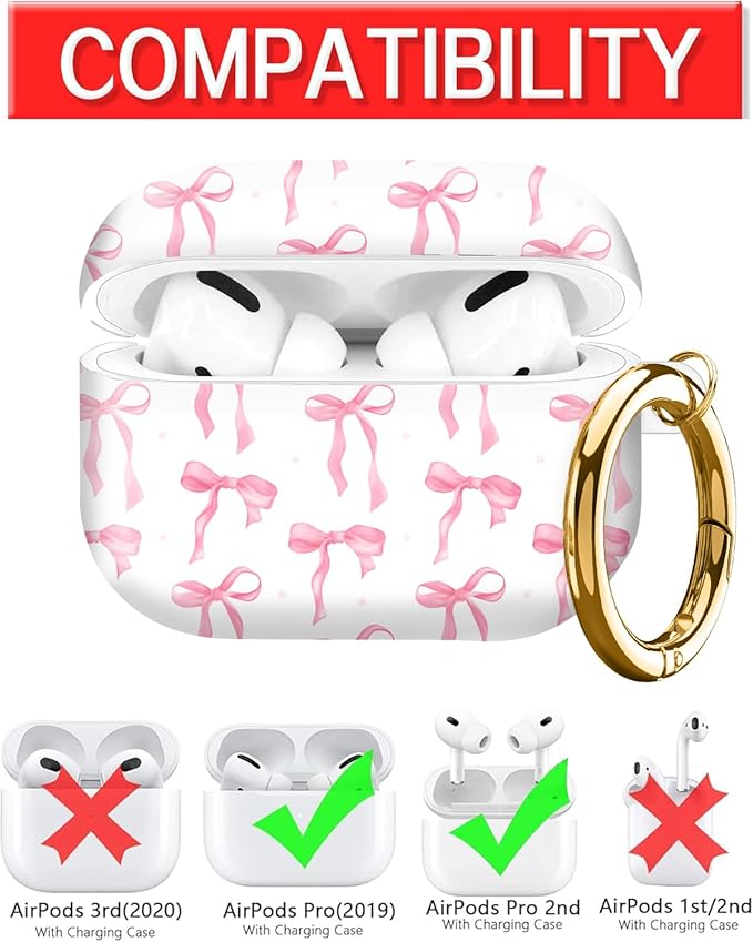 Compatible with AirPod Pro Case 2nd/1st Gen (2023/2022/2019),Shockproof Protective Cover with Keychain for Women,Cute Charging Case for Airpod Pro 2/1(Pink Bows)