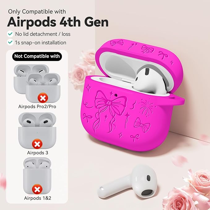 for Airpods 4 Case Cover, Joremx Cute Bow Engraved Silicone Protective Case Cover with Keychain, Cleaner Kit for AirPods 4th Generation Case 2024 (Fluorescent Rose Red)