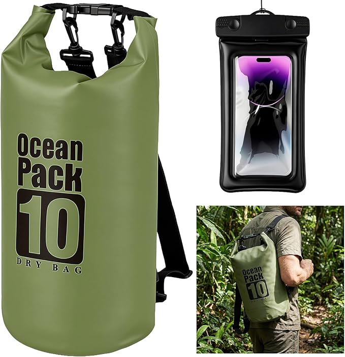 kullder Waterproof Backpack 10L, Roll Top Water Proof Dry Bag Army Green, Floating Dry Bag for Kayaking Camping Boating, Lightweight Hiking Backpack with 7" Black IPX8 Waterproof Phone Case