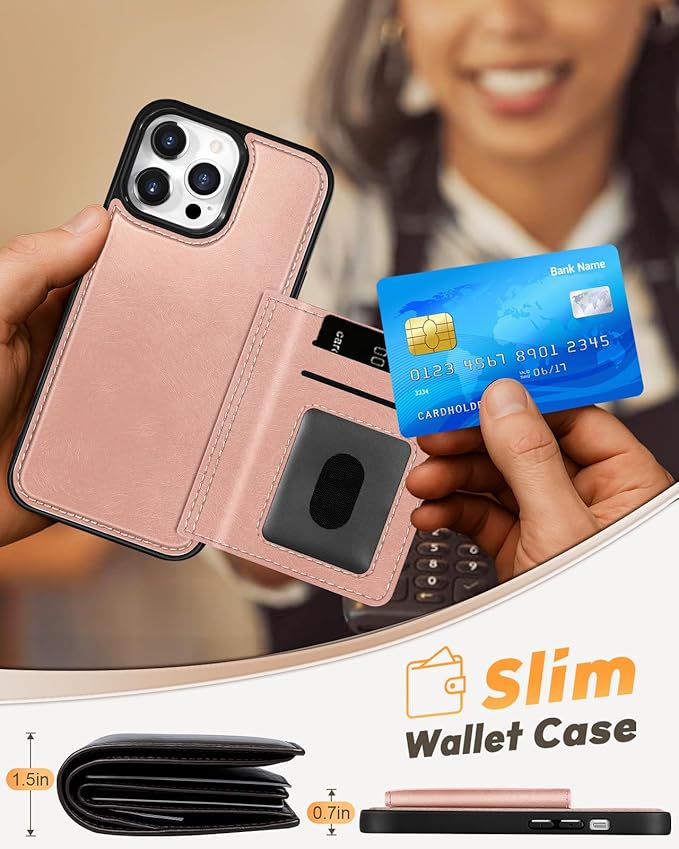 for iPhone 13 Pro Max Case with Wallet - Fits 4 Card Slots, Compatible with MagSafe for Women Aesthetic PU Leather Credit Card Holder Kickstand Phone Cover for Apple 13 Promax, Rose Gold