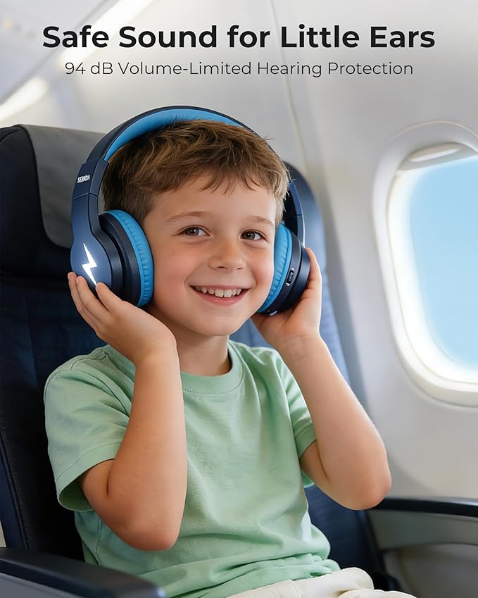 seenda Kids Bluetooth Headphones, JCH-01 Kids Wireless Headphones for School, 85/94dB Volume Limited, 45H Playtime, 3 Lighting Modes, Built-in Mic Headset with Aux Cord for iPad/Tablet, Dark Blue
