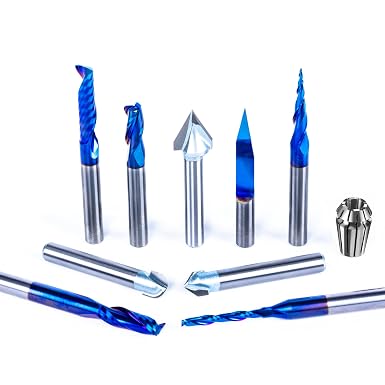 FoxAlien 1/4" Shank 3D Carving Router Set - V-Groove, Spiral End Mills, Tapered Bit for Wood Relief Carving, Woodworking, Lettering (10-in-1) - Includes 1/4" ER11 Collet