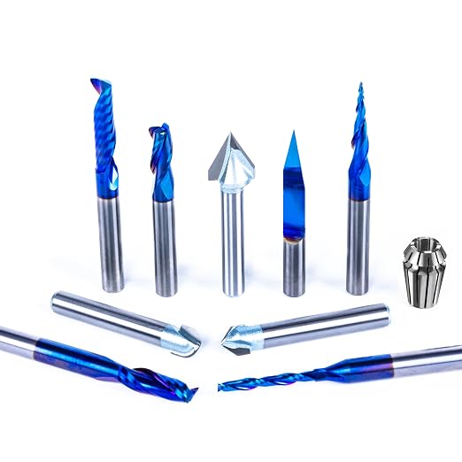 FoxAlien 1/4" Shank 3D Carving Router Set - V-Groove, Spiral End Mills, Tapered Bit for Wood Relief Carving, Woodworking, Lettering (10-in-1) - Includes 1/4" ER11 Collet