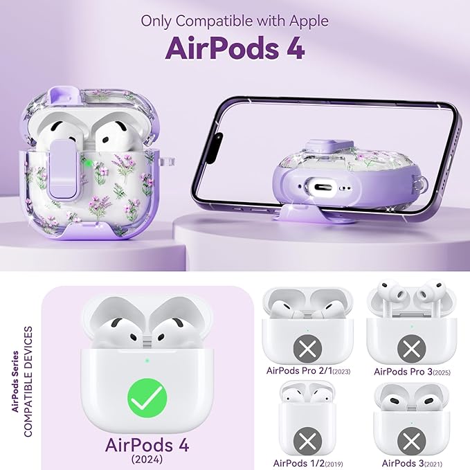 with Safety Lock for Apple AirPods 4 Case,Clear Floral Cute AirPod 4th Generation Case with Phone Stand & Cleaning Kit for Women Girly-Purple Narcissus