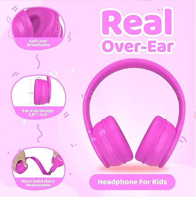 MIDOLA Kids Headphones Bluetooth 5.4 Wireless 68H Play Time Volume Limit 85/94dB Over-Ear Foldable Headset,Type-C Fast Charging, Wired Aux Mic for Toddler Child Pad Tablet Rose Red