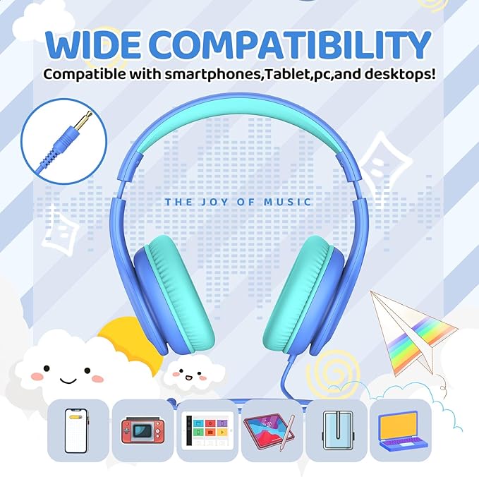 Wired Headphones for Kids, 85dB Volume Limit, 3.5mm Kids Headphones with Cord, Adjustable, Stereo Sound Foldable Toddler headsets for School-Blue