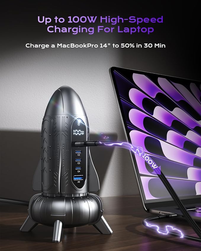 120W Charging Station,ASOMETECH 5 Ports GaN USB C Charger PD Fast Charging Hub,4 USB-C & 1 USB A Port,Gifts for Women Men,PD 100W Laptop Charger Adapter Compatible with MacBook,iPhone,Samsung,Tablet
