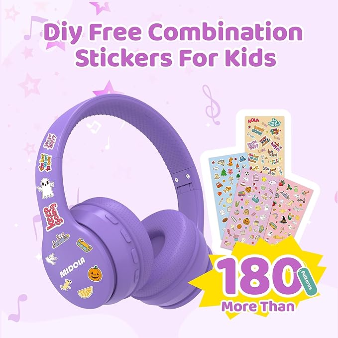 MIDOLA Kids Headphones Bluetooth 5.4 Wireless 68H Play Time Volume Limit 85/94dB Over-Ear Foldable Headset,Type-C Fast Charging,Wired Aux Mic for Toddler Child Pad Tablet Light Purple