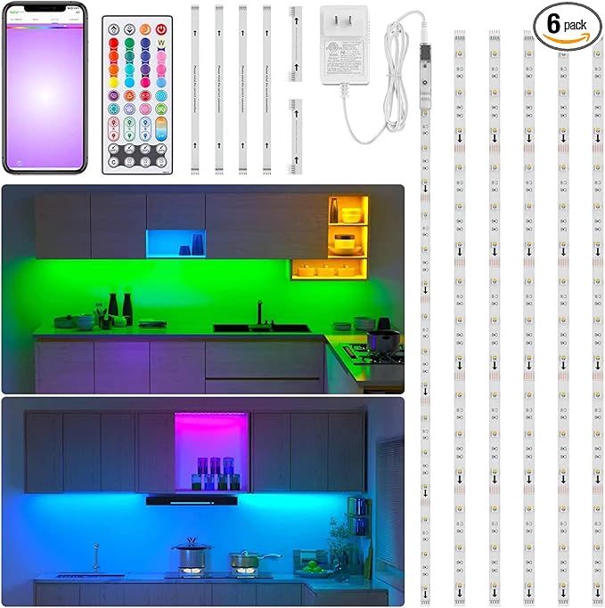 RGBW Under Cabinet Lighting Kit with App and Remote Control 6 PCS LED Strip Lights for Kitchen Cabinet, Counter, TV Shelf, Desk, Music Sync, Color Changing, ETL Listed Power Supply, 9.8ft