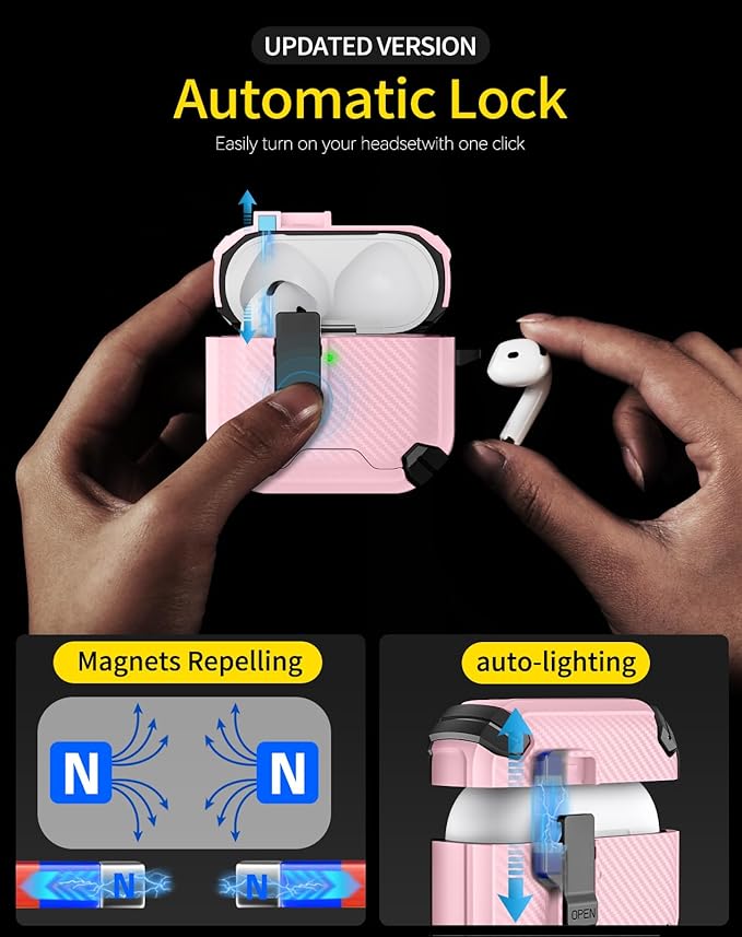 Compatible with AirPods 4 Case,Magnetic Automatic Lock with Phone Stand & Cleaning Kit,Compatible with Magsafe,Carbon Fiber Texture Cover -Pink