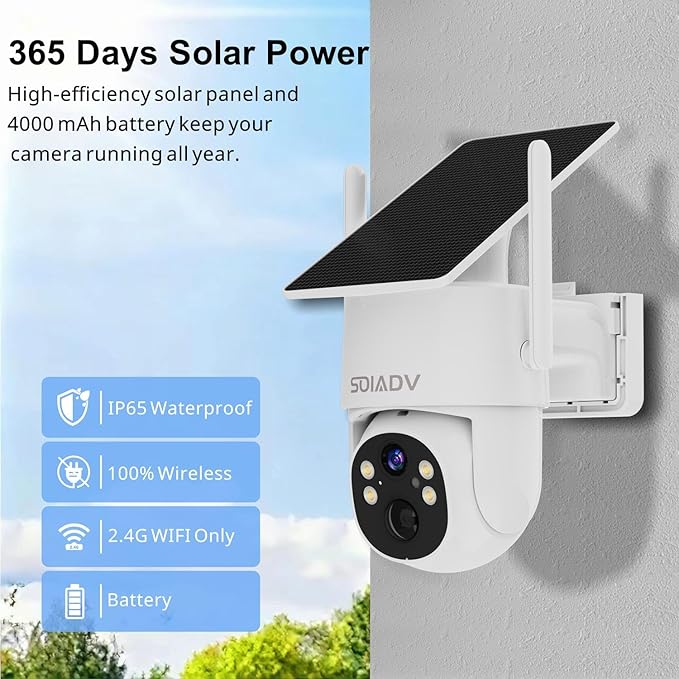 SOIADV Solar Security Camera Wireless Outdoor with 360°View, 2K Color Night Vision, PTZ Camera for Home Security, Battery Powered, Two Way Audio, Motion Detection, PIR Alarm, IP65 Weatherproof, SC13W