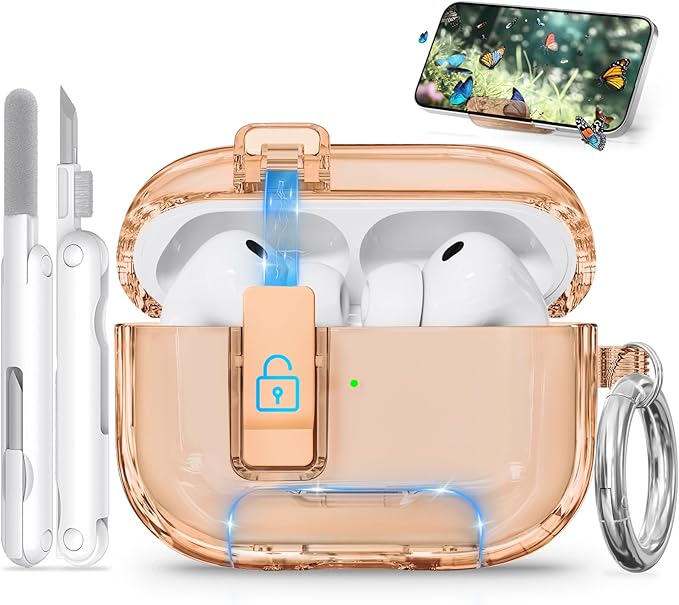for AirPods Pro 3 Case 2025 with Phone Stand & Secure Lock, Auto-Open Clear Case Cover Compatible with Apple AirPods Pro 3rd Generation with Cleaning Kit & Keychain