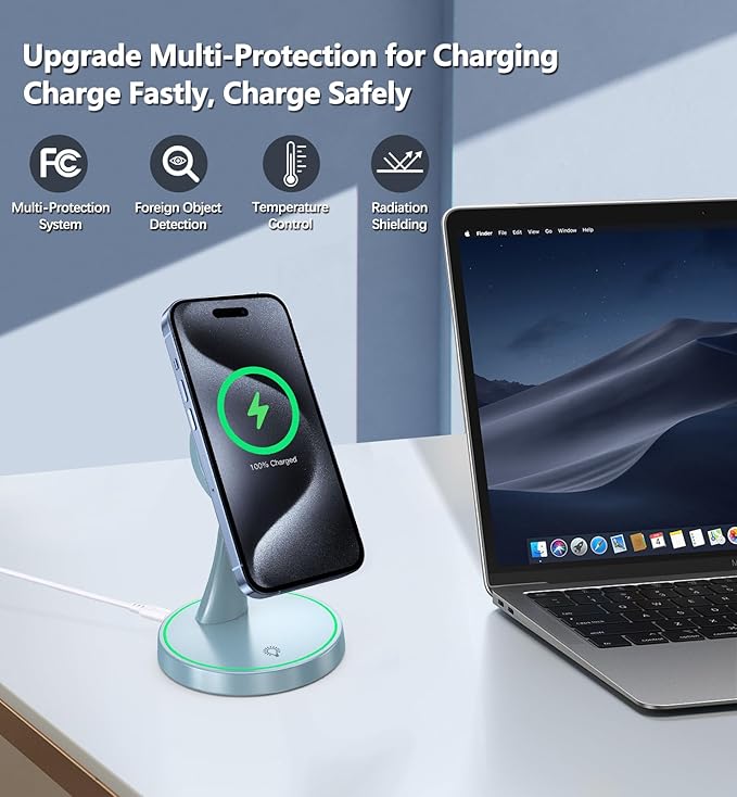 Magnetic Wireless Charger Stand 15W Fast Mag-Safe Charger for iPhone 17 /17 pro/ 17 Air/ 17 pro max 16/15/14/13/12 Series Magnet Wireless Charging Station/Pad with Sleep-Friendly Light for AirPods