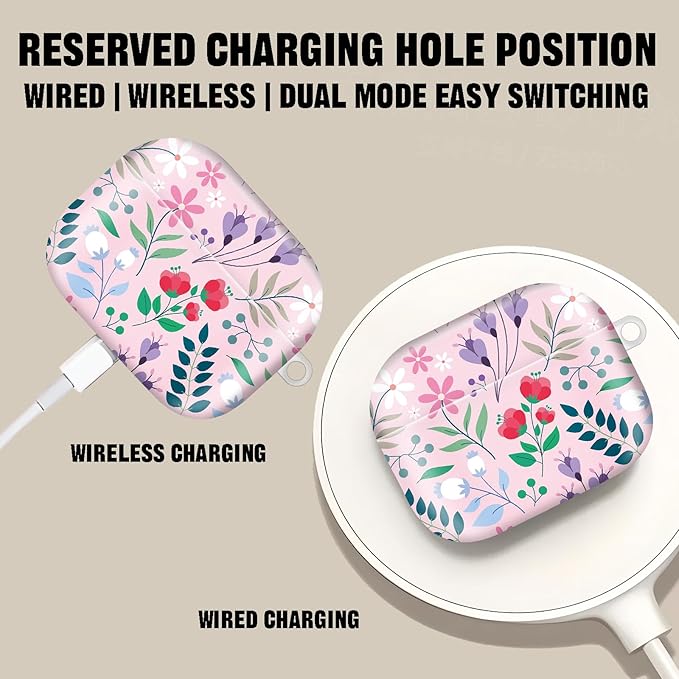 Compatible with AirPod Pro 2nd//1st Generation Case Cover with Key Chain,Full Protective Shockproof Wireless Headphone Case for Airpod Pro 2023/2022/2019（red Flowers）