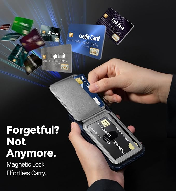 Mag-Safe Wallet - Magnetic Card Holder for iPhone 16/15/14/13/12 Series, Slim Leather Wallet Stand with NFC & RFID Blocking, Lightweight Flap Design, Not Compatible with iPhone 13/12 Mini (Grey)