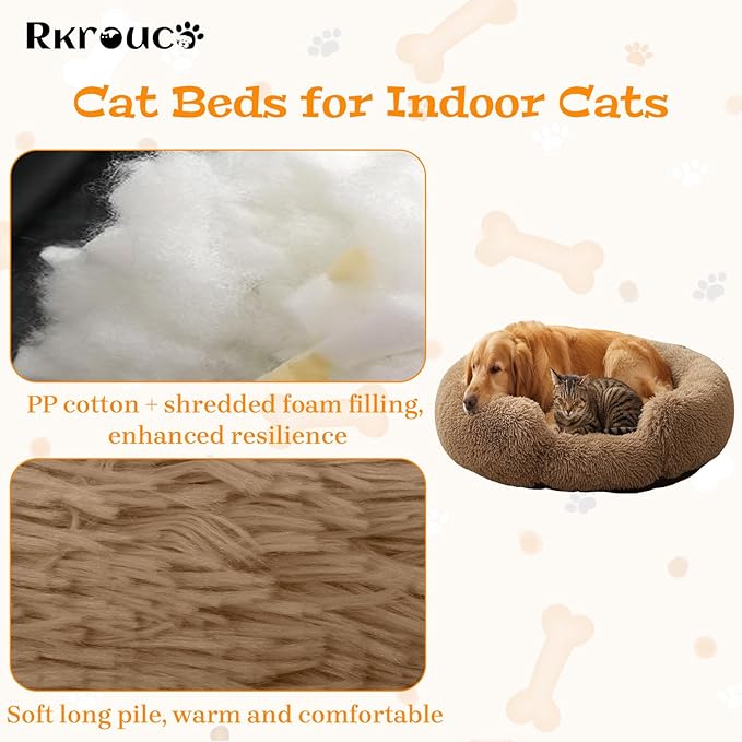 Fluffy Dog Bed Calming Donut Beds for Large Dogs Warming Round Small Medium Pet Nest Cozy Cat Mattress Indoor Washable Puppy Kennel Kittens Sleep Mat (S, 23.6×23.6 inch, Light Brown)