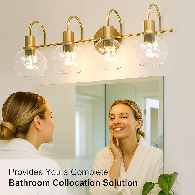 4-Light Gold Bathroom Vanity Light, 28" Modern Brushed Gold Wall Sconce with Clear Glass Shades, Bathroom Light Fixtures Over Mirror Lighting for Bedroom, Hallway,Easy Installation