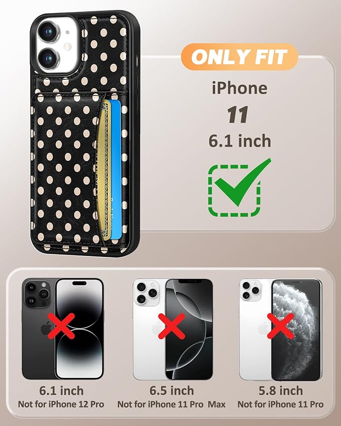 for iPhone 11 Case with Wallet - Fits 4 Card Slots, Compatible with MagSafe for Women Aesthetic Durable PU Leather Credit Card Holder Kickstand Phone Cover for Apple 11, Black Polka