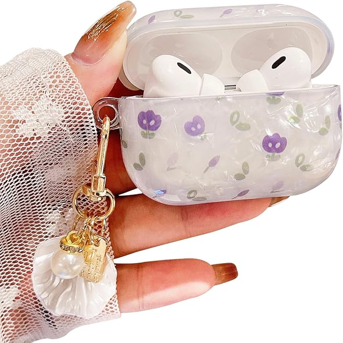 Cute Airpod Pro 2 Case Flower with Shell Pearl Keychain Floral Marble Hard TPU Protective Cover Compatible with AirPods Pro 2nd Generation Case for Girls Women (Tulip Purple)