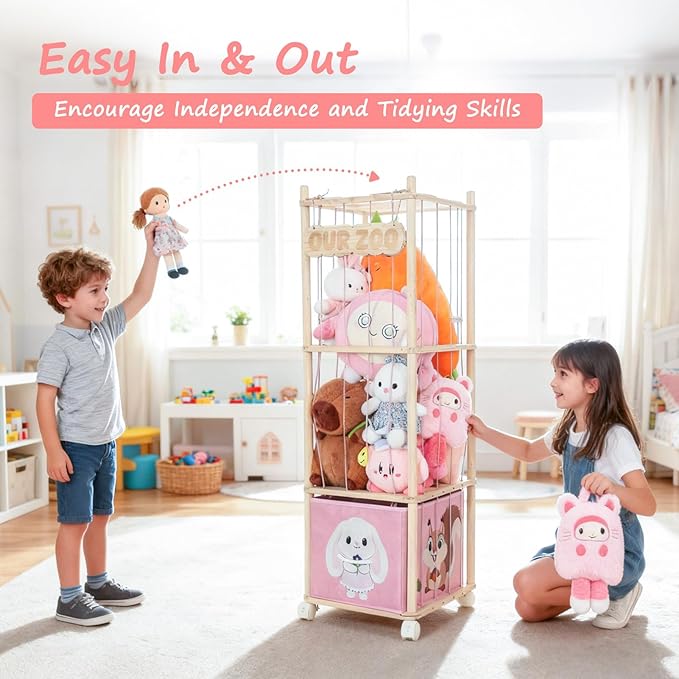 Stuffed Animal Storage with Removable Fabric Bins & Locking Wheels, 2-in-1 Wooden Toy Organizer and Display Shelf Space Saving for Playroom, Bedroom, Nursery