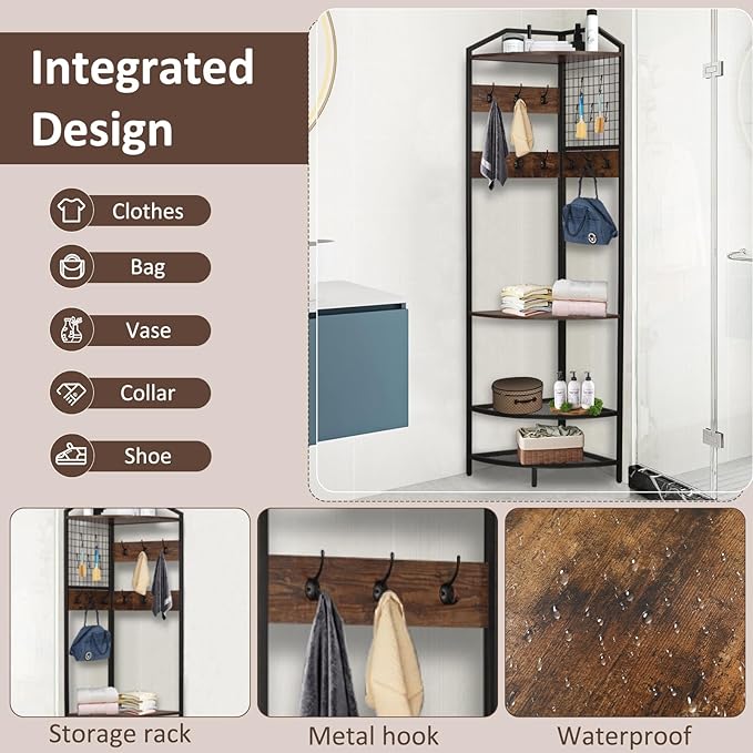 Corner Coat Rack, Hall Tree with Bench and Shoe Storage, Wood Entryway Organizer with 14 Metal Hooks, Freestanding Corner Shelves for Entryway, Hallway