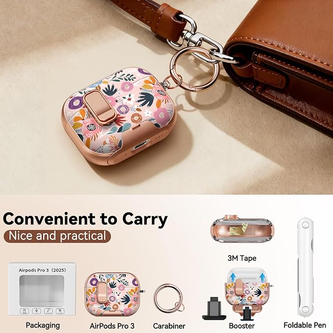 for AirPod Pro 3 Case 2025, with Safty Lock & Phone Stand for Pink AirPod Pro 3 Generation Case Cover for Women Girly, iPod Pro 3 Cases with Keychain & Cleaner Kit - Pink Berry Flower