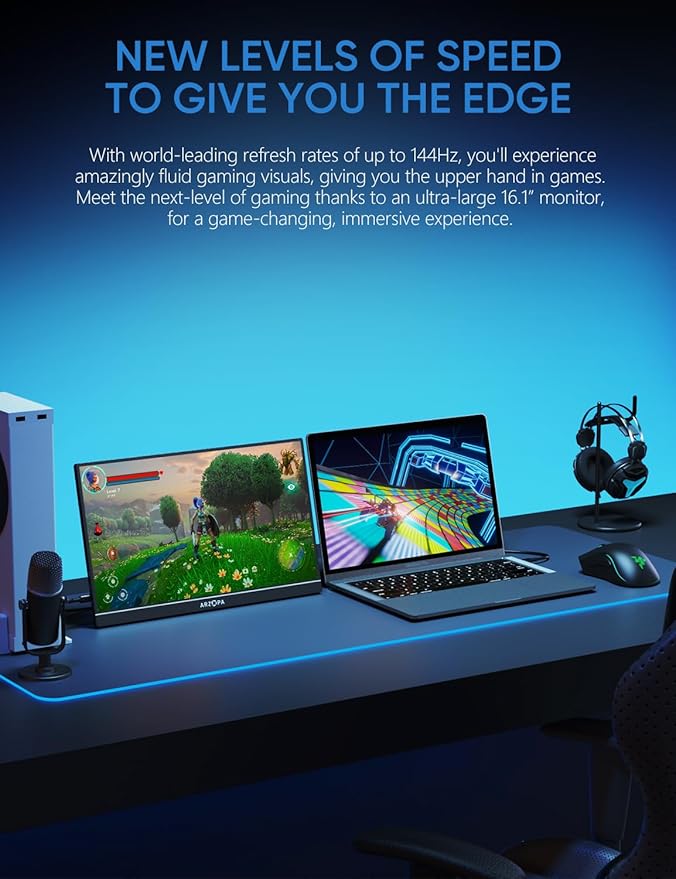 ARZOPA 16.1'' 144Hz Portable Gaming Monitor, 106% sRGB 1080P FHD Kickstand Portable Monitor with HDR, Ultra Slim, Eye Care, External Second Screen for Laptop, PC, PS5, Mac, Xbox-Z1FC