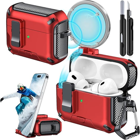 for AirPods Pro 2nd/1st Case (2023/2022/2019) with Phone Stand,（with Automatic Snap Switch） Carbon Fiber Design Protection Cover with Cleaning Pen,Red