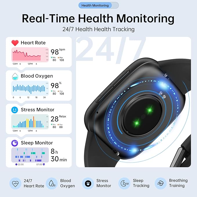 Smart Watches for Women Men, 1.85" HD AMOLED Display, 2 Bands Included, Works with iPhone & Android, 12-Day Battery, 3ATM Waterproof, Bluetooth Call, Health & Fitness Tracker, Black