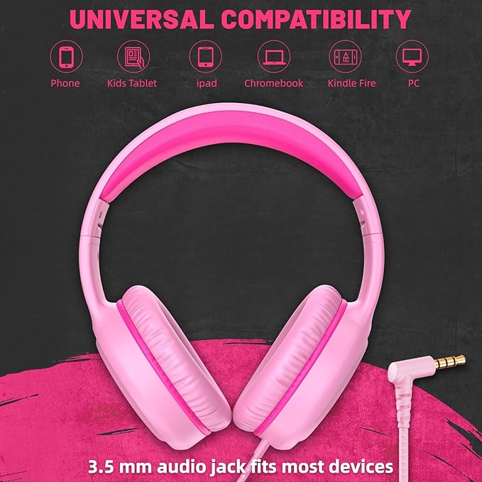 Pink Wired Headphones for Boys Portable On Ear Youth Headphones for School Airplane Travel Lightweight Portable Compatible with Pad Computer Laptop for Adults Student Children Girls Kids