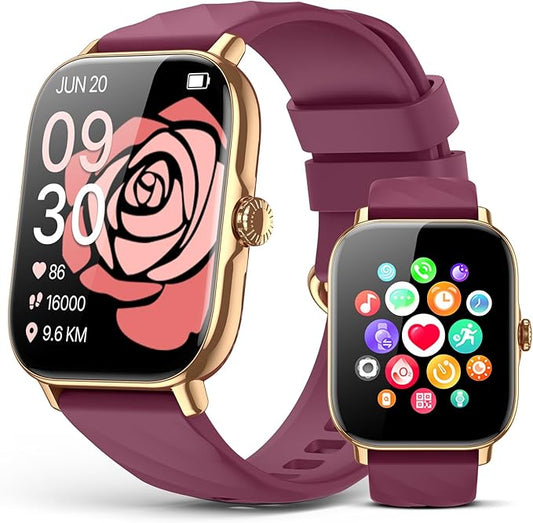 Smart Watches Fitness Tracker for Women Men with Step Counter, Sleep Calorie Monitor, Pedometer, IP68 Waterproof, Smartwatch with 120+ Sports for iPhone Android (Wine Red)