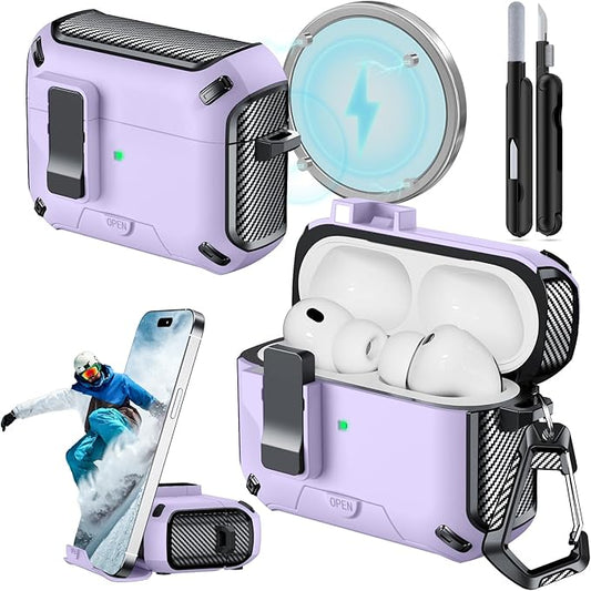 for AirPods Pro 3 Case (2025) with Phone Stand,（with Automatic Snap Switch） Carbon Fiber Design Protection Cover with Cleaning Pen,Purple