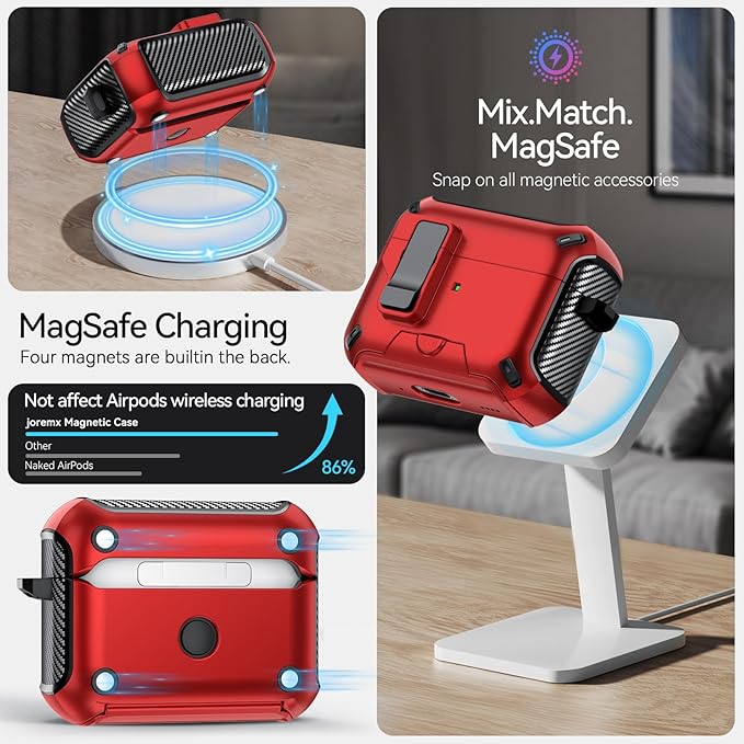 for AirPods Pro 3 Case (2025) with Phone Stand,（with Automatic Snap Switch） Carbon Fiber Design Protection Cover with Cleaning Pen,Red