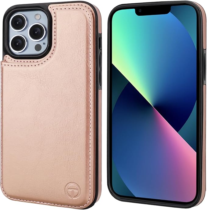 ONETOP Compatible with Magsafe for iPhone 13 Pro Max Wallet Case with Card Holder, PU Leather Kickstand RFID Blocking Case, Double Magnetic Clasp and Durable Shockproof Cover 6.7 Inch (Rose Gold)