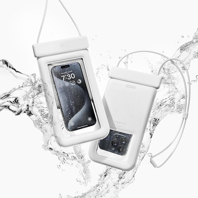 elago Waterproof Phone Pouch for iPhone 16/15/14/13/12/11 Series, Galaxy S25/S24/S23/S22/S21 Series - Underwater Screen Touchable Dry Bag, Dual Zipper Lock, with Card Pocket (White) [2 Pack]