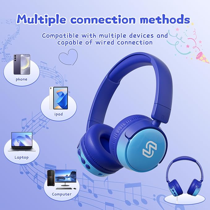 S62 Kids Bluetooth Headphones, Wireless Headphones for Kids Over Ear with Microphone, 85/94dB Volume Limiter Headset for Girls Boys, Foldable Headset for Learning & Entertainment-Blue