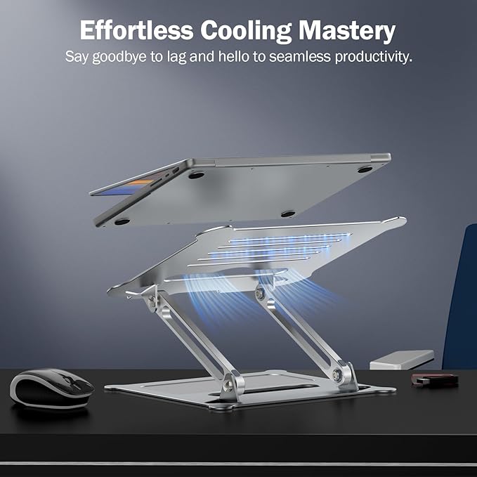 Aluminum Adjustable Laptop Stand, No Wobble Laptop Riser, Foldable Computer Notebook Stand Holder for 10-17" Laptops, Lightweight & Sturdy, Silver/B