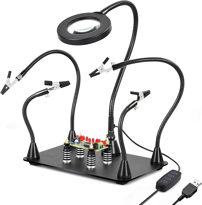 Magnetic Helping Hand, Soldering Helping Hands, PCB Circuit Board Holder with 3X LED Magnifying Lamp, Flexible Metal Arms Heavy Duty Base Electronic Repair Tool (Magnetic with Lamp)