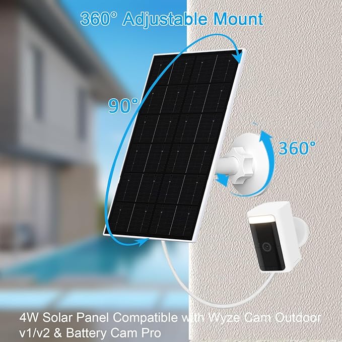 FUTUREZEN 4W Solar Panel for WYZE Cameras, USB-C & Micro USB Solar Charger, Compatible with WYZE Cam Pro, Outdoor Cam V1/V2, 9.8ft Cable, IP66 Waterproof, 360° Adjustable Mount (2 Pack)