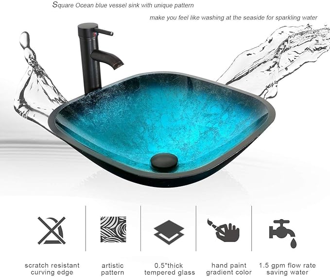 eclife 60" Modern Bathroom Vanity Sink Combo Freestanding Cabinet with Small Side Cabinet, Turquoise Square Glass Vessel Sink, Water Save Faucet, Drain (White+A10)