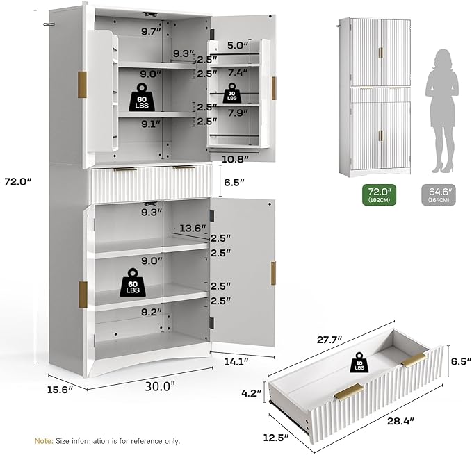 Marsail 72" Tall Kitchen Pantry Cabinet, Spacious Storage Cabinet with a Drawer, 4 Adjustable Shelves, 6 Door Shelves, Anti-Tip Safety, Fluted Cabinet for Kitchen, Dining, and Living Room, Light White