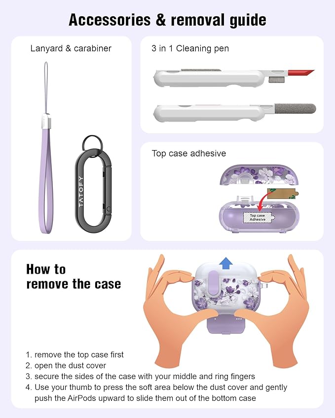 TATOFY for AirPod Pro 3 Case (2025) with Phone Stand Lanyard Lock Cleaning Kit, Compatible with Magsafe, Flowers Hard AirPods Pro 3rd Generation Cover for Women (Purple, AirPods Pro 3)
